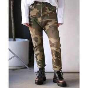 R13 Green Beige Camo Tailored Drop Distressed Denim Jeans, Size 24